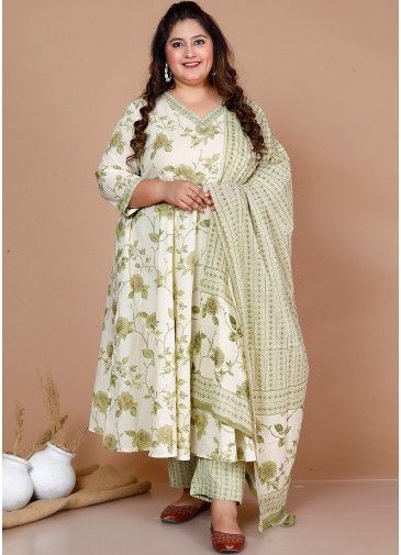 White Readymade Floral Print Anarkali Pant Suit