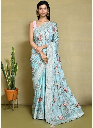 Blue Embroidered Saree In Satin