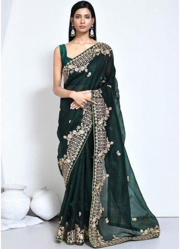 Green Embroidered Saree In Organza