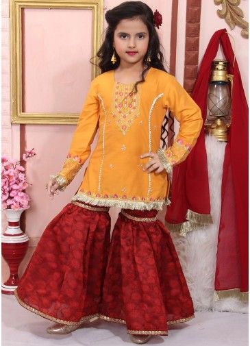Yellow Embroidered Readymade Kids Gharara Suit