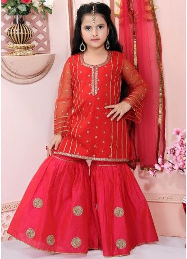 Red Sequins Embellished Kids Gharara Suit With Dupatta
