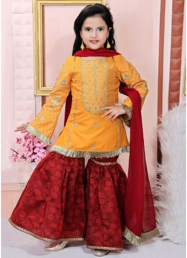 Yellow Embroidered Cotton Silk Kids Gharara Suit