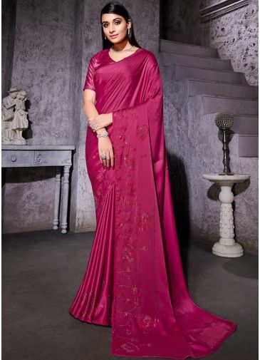 Pink Satin Saree In Stone Work & Blouse
