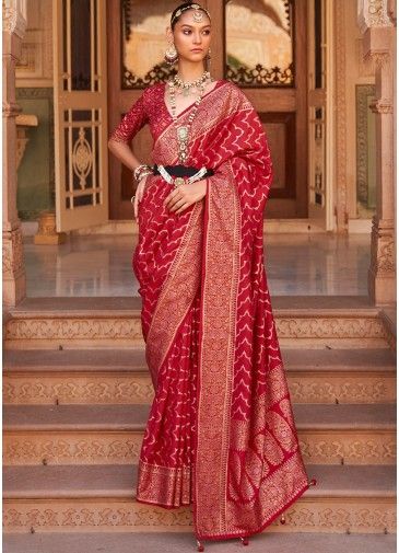 Red Tradittional Saree In Zari Woven Work