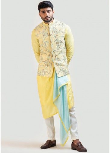Yellow Readymade Cotton Kurta Pyjama With Embroidered Jacket