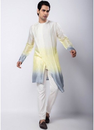 Shaded Yellow & Grey Pintucks Kurta Pajama