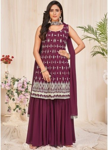 Embroidered Purple Gharara Style Suit