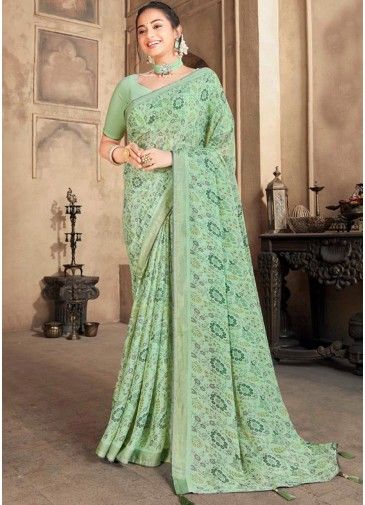 Green Casual Wear Floral Print Saree