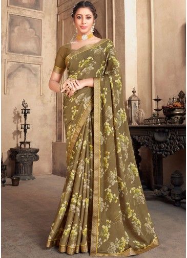 Brown Floral Print Saree With Blouse