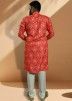 Readymade Red Mens Foil Printed Kurta Pajama