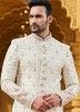 Mens Cream Embroidered Sherwani In Art Silk