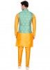 Yellow Readymade Jacquard Kurta Pajama In Nehru Jacket Style