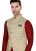 Red Readymade Jacquard Kurta Pajama In Nehru Jacket Style