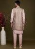 Pink Readymade Kurta Pajama With Long Jacket In Art Silk