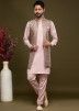 Pink Readymade Kurta Pajama With Long Jacket In Art Silk