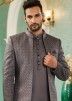 Grey Readymade Mens Kurta Pajama With Jodhpuri Jacket In Art Silk