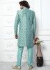 Turquoise Woven Readymade Mens Jacquard Sherwani In Jacket Style
