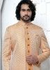 Pastel Peach Mens Jacquard Jacket Style Sherwani In Woven Work