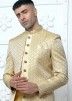 Golden Woven Readymade Mens Jacket Style Jacquard Sherwani
