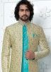 Turquoise Woven Readymade Mens Jacquard Sherwani In Jacket Style