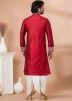 Red Embroidered Angrakha Style Mens Dhoti Kurta In Viscose