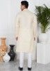 Cream Plain Readymade Art Silk Mens Kurta Pajama