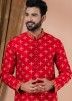 Red Embroidered Kurta Pajama In Banarasi Silk