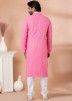 Pink Mens Silk Kurta Pajama In Thread Embroidery