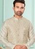 Mens Cream Kurta Pajama & Woven Nehru Jacket