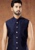 Blue Readymade Mens Silk Sherwani & Jacket In Indowestern