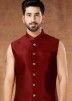 Red Readymade Mens Indowestern Sherwani & Jacket In Silk
