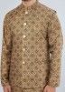 Brown Mens Printed Kurta Pajama With Nehru Jacket