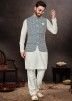 Off White Readymade dupion Silk Kurta Nehru Jacket & Pajama In Plain