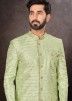 Green Readymade Jacquard Sherwani Set In Sequins Embellishment