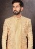 Golden Readymade Jacquard Sherwani Set In Jacket Style