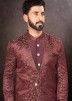 Maroon Readymade Jacquard Indowestern Jacket Style Sherwani Set