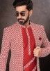Red Readymade Jacquard Mens Jacket Style Sherwani Set