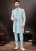 Blue Readymade Jacket Style Mens Sherwani In Jacquard