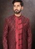 Maroon Readymade Mens Jacquard Jacket Style Sherwani Set 
