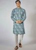 Blue Readymade Mens Digital Printed Kurta Pajama In Dupion Silk