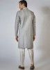 Grey Embroidered Readymade Mens Sherwani Set In Silk