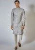 Grey Embroidered Readymade Mens Sherwani Set In Silk