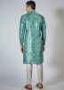 Blue Readymade Mens Printed Kurta Pajama In Dupion Silk