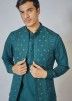Teal Blue Readymade Mens Kurta pajama & Nehru Jacket In Silk