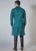 Teal Blue Readymade Mens Kurta pajama & Nehru Jacket In Silk