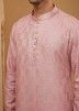Pink Embroidered Readymade Mens Georgette Kurta Pajama 