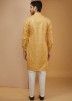 Yellow Embroidered Readymade Mens Kurta Pajama In Art Silk