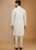 White Art Silk Readymade Mens Kurta Pajama In Thread Embroidery