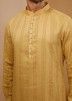 Yellow Embroidered Readymade Mens Cotton Kurta Pajama