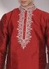 Red Readymade Dupion Silk Mens Plain Kurta Pajama